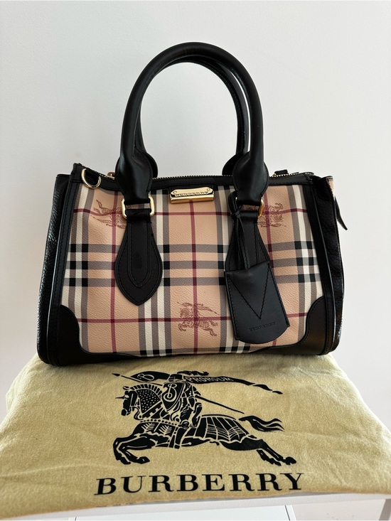 Burberry Handbags - Burberry Beige Vintage Check Satchel with Black Leather Trim